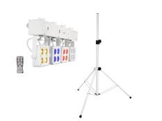 Weiße Bar mit 4 RGBW-Spots und 4 weißen Strobe-LEDs mit QuickDMX-Buchse inkl. Boxenstativ