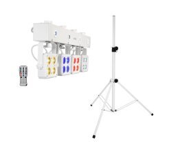 Weiße Bar mit 4 RGBW-Spots und 4 weißen Strobe-LEDs mit QuickDMX-Buchse inkl. Boxenstativ